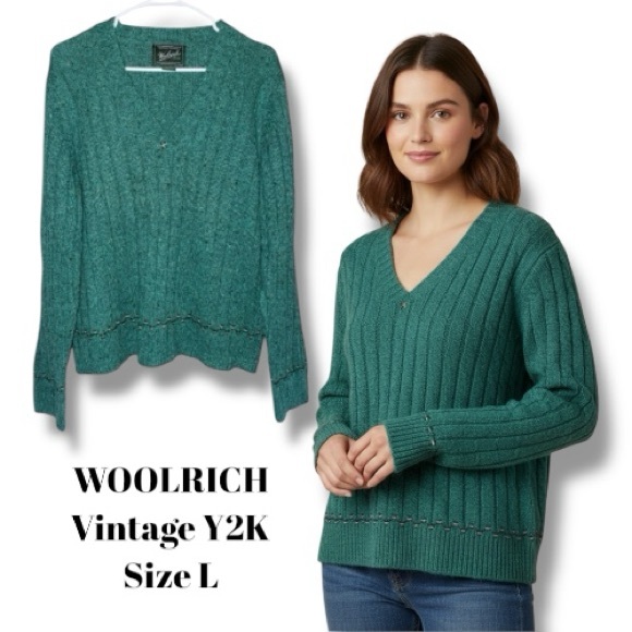 WOOLRICH Sweater Vintage Y2K V-neck Teal Ribbed Wool Blend Pullover Women’s L - Picture 16 of 16